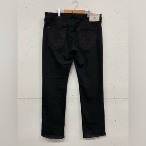 True Religion Ricky Relaxed Straight Black Jeans, Size 36, Red Stitch